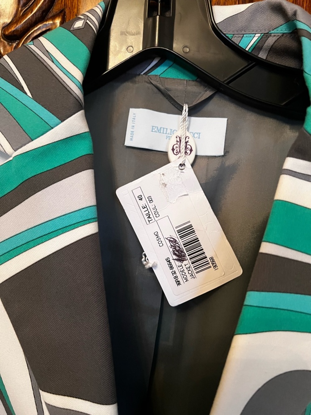 Emilio Pucci Striped Silk Blazer in Teal, Gray & White